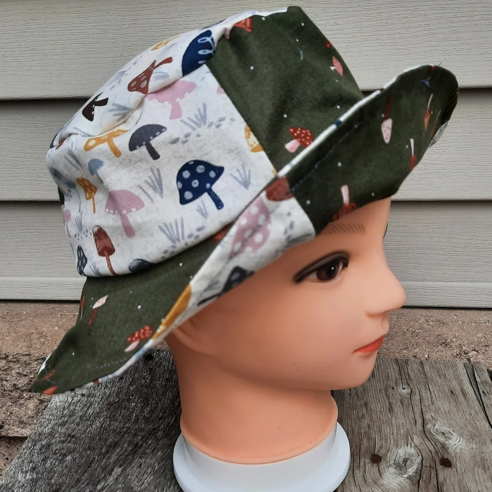 Mushrooms handmade bucket hat L 2 tone